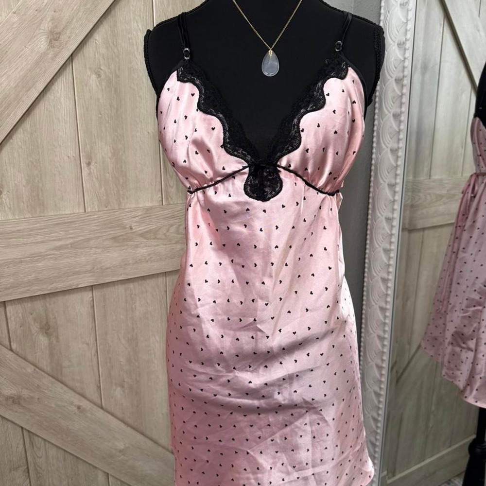 Y2K Pink Heart Slip Dress Lingerie with Black Lace - Large